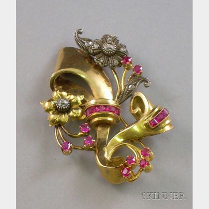 Portuguese Gold, Ruby, and Diamond Retro Flower Brooch