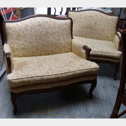 Pair of Diminutive Louis XV Style Upholstered Carved Beechwood Settees