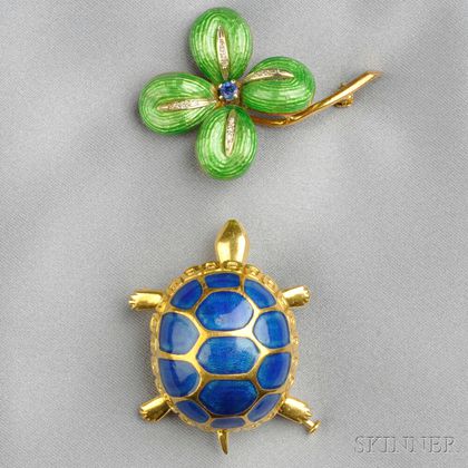 Two 18kt Gold and Enamel Figural Brooches