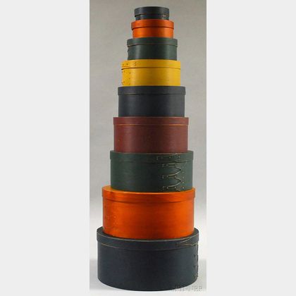 Stacking Set of Seven Shaker-style Circular Painted Wood Finger Lap-sided Boxes with Covers and Two Natural-finish Boxes