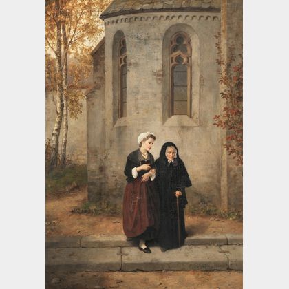 Hubert Salentin (German, 1822-1910) A Walk Beside the Chapel.