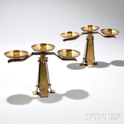 Pair of Arts and Crafts Hammered Brass Three-light Candelabra
