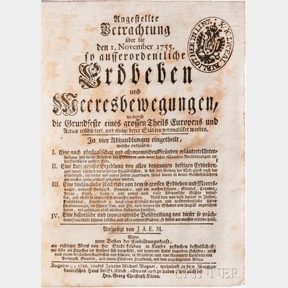 Maschenbauer, Johann Andreas Erdmann (d. 1773) Angestellte Betrachtung uber die den 1 November 1755, so ausserordentliche Erdbeben und 