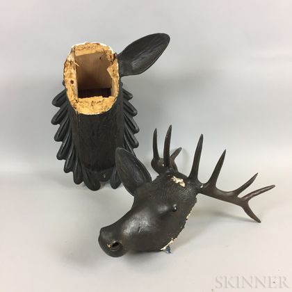 Carved and Painted Wood, Composite, and Gesso Head of a Deer