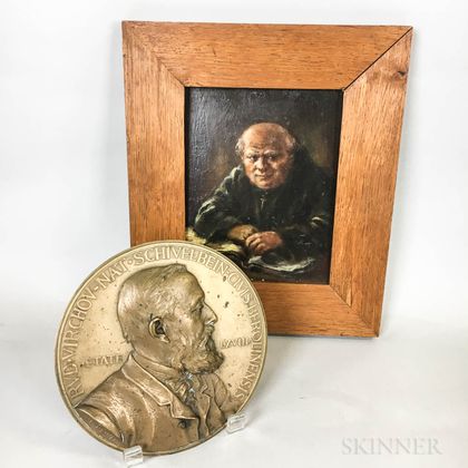 Framed Oil on Board of a Monk and a Bronze Portrait Plaque