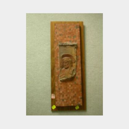 European Carved Brick and Mosaic Wall Plaque with the Bust of a Saint