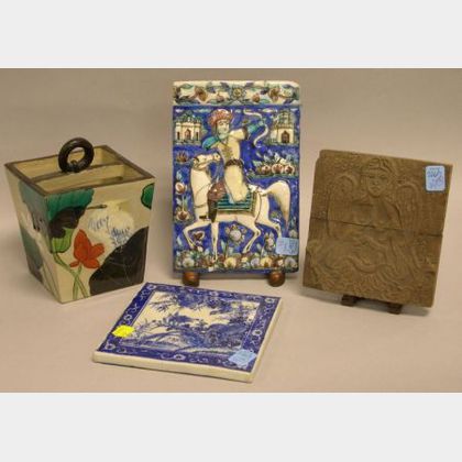 Persian Faience Plaque, a Chinese Pottery Square Vase and Blue and White Plaque, and a Carved Wood Plaque of an Angel. 