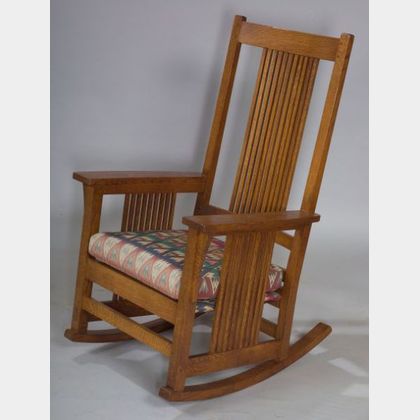 Stickley Arts & Crafts Style Oak Spindle Armrocker with Upholstered Seat