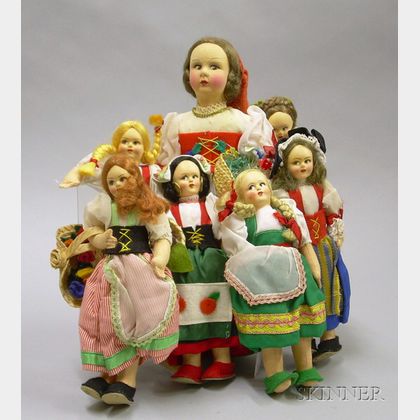 Seven Small Lenci-type Italian Cloth Dolls