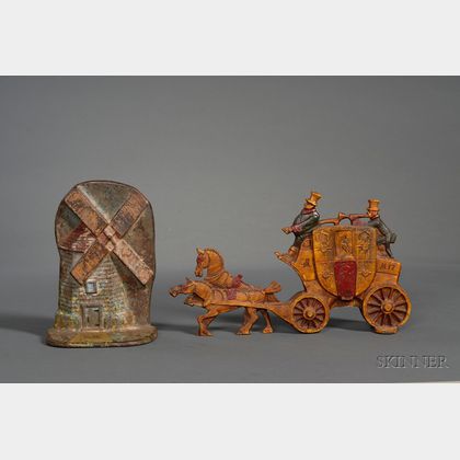 Painted Cast Iron Windmill and London Royal Mail Coach Doorstops