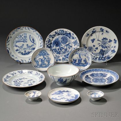 Eleven Blue and White Tableware Items