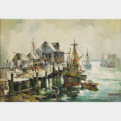 John Cuthbert Hare (American, 1908-1978) Wharf with Fishing Vessels