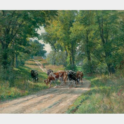 William John Whittemore (American, 1860-1955) Cows Grazing by the Farm Road