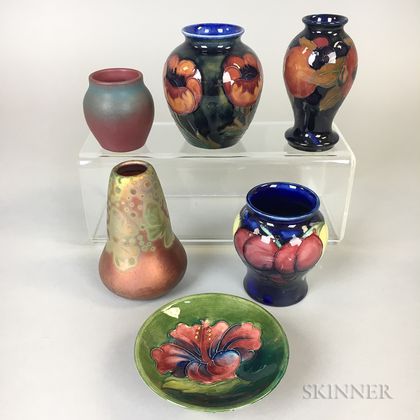 Four Pieces of Moorcroft Pottery, a Weller Sicard Vase, and a Van Briggle Vase