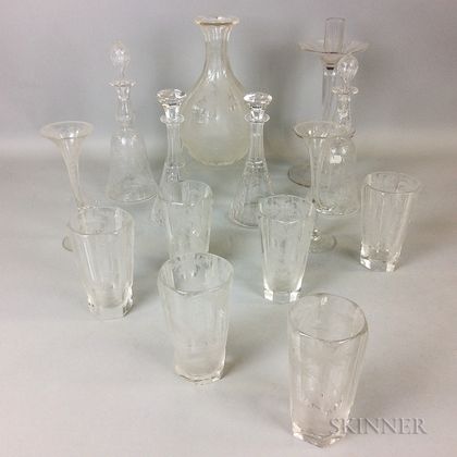 Fourteen Pieces of Colorless Etched Glass