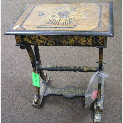 English Marquetry Parcel-gilt and Black Lacquered One-Drawer Sewing Table.