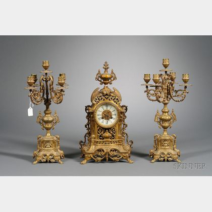 Three-Piece Bronze Renaissance Revival Clock Garniture