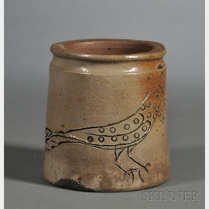 Small Stoneware Jar with Incised Bird Motif