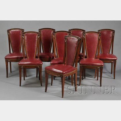 Set of Eight Art Nouveau Walnut Dining Chairs