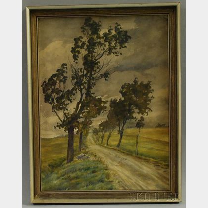 Peder Jacob M. Knudsen (Danish, 1868-1944) Tree-lined Road with Stormy Sky