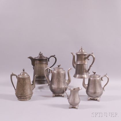 Five Pewter and White Metal Coffeepots and a Creamer