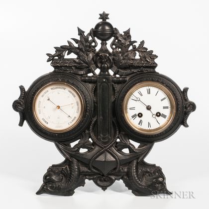 Aneroid Barometer and Clock in a Naval Cast Iron Frame