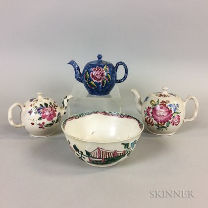 Four Salt-glazed and Enameled Floral-decorated Ceramic Items