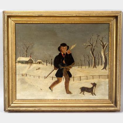 American School, 19th Century Primitive Winter Landscape with a Man Smoking a Clay Pipe.