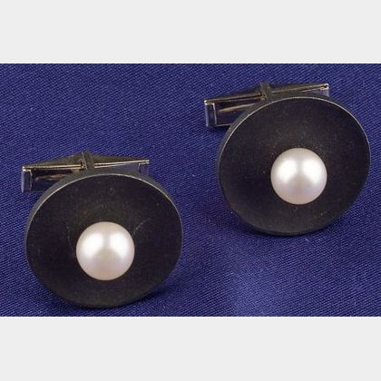 14kt White Gold, Cultured Pearl, and Steel Cuff Links, Marsh's