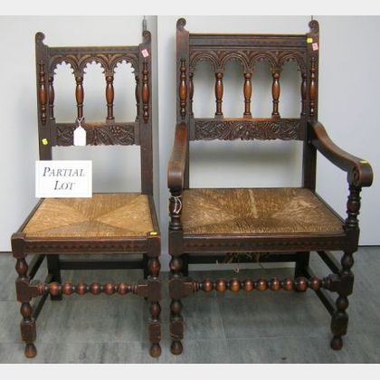 Hale & Kilburn Mfg. Co. Jacobean-style Carved Oak Pedestal Extension Dining Table and Five Chairs with Woven Rush Seats