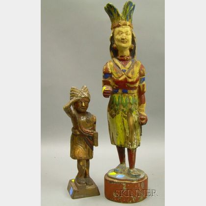 Two Carved and Painted Wooden Cigar Store Indian Retail Counter Figures