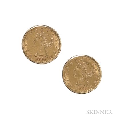 1881 Liberty Head Five Dollar Gold Coin Earrings
