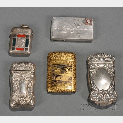 Four Silver and One Japanese Mixed Metal-patinated Matchsafes