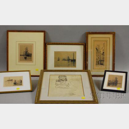 Six Framed Works on Paper: George Wainwright Harvey (American, 1855-1930),Four Etchings of Ships