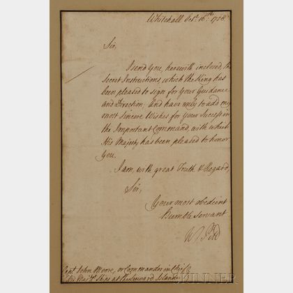 Pitt, William, 1st Earl of Chatham (1708-1778) Letter Signed, 16 October 1758.