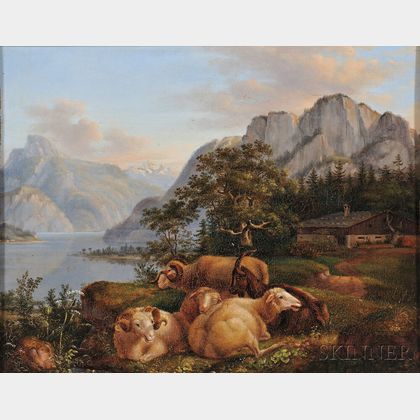 Karl Friedrich Thiele (German, 1780-1836) Goats, Sheep, and Rams in Mountainous Landscape