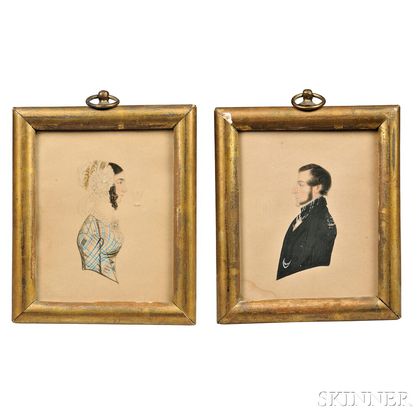 American School, Early 19th Century, Pair of Miniature Profile Portraits, Judge James Curtis (1781-1847) and Prudence (Bird) Curtis (17