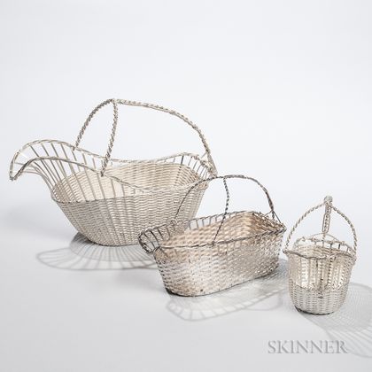 Three Silver-plated Bottle Baskets, two French, lg. 8 1/4, 13; and one English, lg. 9 3/4 in. 