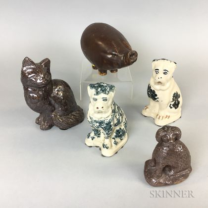 Three Brown-glazed Ceramic Animals and a Pair of Dogs