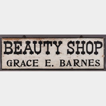 Painted "Beauty Shop/Grace E. Barnes" Trade Sign