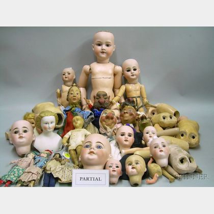 Large Group Lot of Doll Parts, Three Bisque Dolls, and Thirteen Bisque Heads
