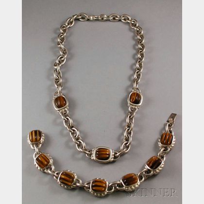 Judith Ripka Sterling Silver and Tiger's-eye Necklace and Bracelet