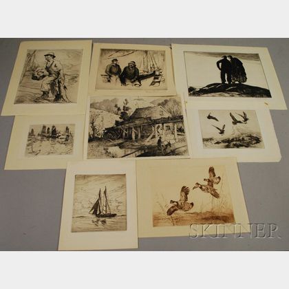 American School, 20th Century Lot of Eight Etchings, Including Works by Harrison Cady, Mill; A. Conway Peyton, Gulls