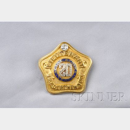14kt Gold, Enamel, and Diamond Fire Department Badge