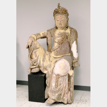 Monumental Carved Wood Figure of Guanyin
