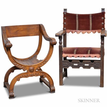 Walnut Savanarola Chair and a Baroque Walnut Armchair