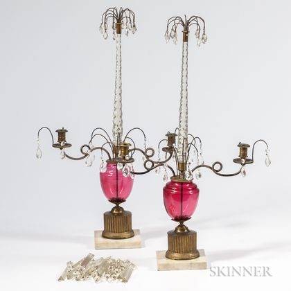 Pair of Cranberry and Crystal Girandoles