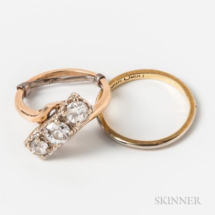 14kt Gold and Diamond Three-stone Ring and an 18kt Gold Band