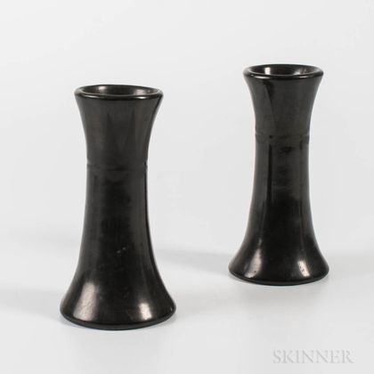 Pair of San Ildefonso Black-on-black Pottery Candlesticks