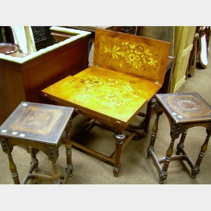 Italian-style Floral Marquetry Folding-top Low Table and a Pair of Veneered Wooden Stands. 